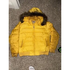Polo Jeans Company Ralph Lauren Yellow Puffer Ski Jacket Faux Fur Hooded Women L